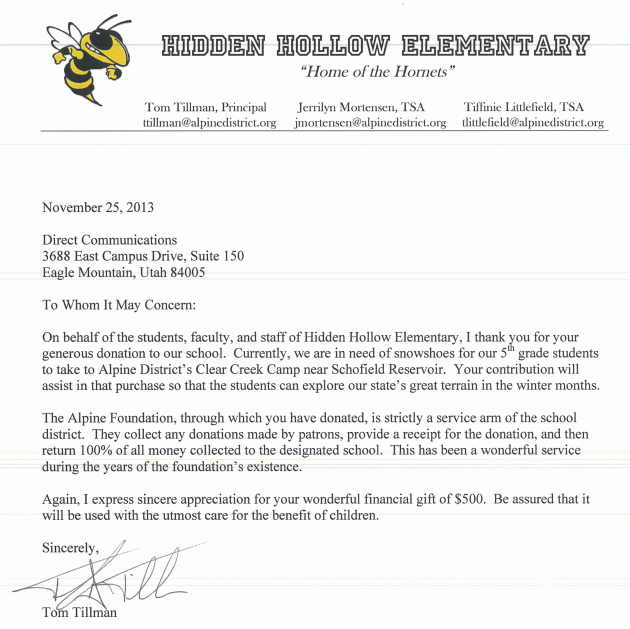 Thank you note from Hidden Hollow Elementary